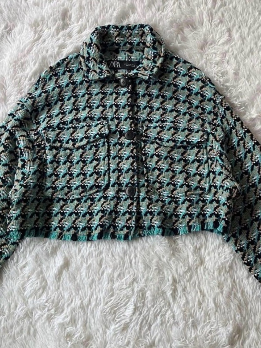 ZARA Textured Houndstooth Tweed 2 Piece Coord Matching Set Jacket Skirt Chanel 💚 - Picture 10 of 16